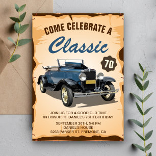 Vintage Blaue Auto Klassische Geburtstagseinladung Einladung