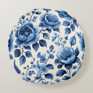 Vintage blaue Blumen Eleganz Rundes Kissen