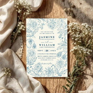 Vintage blaue Blumen Hochzeit QR-Code Einladung