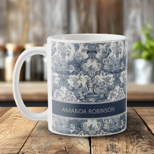 Vintage Blaue Blumendamaske Toile de Jouy Monogram Kaffeetasse