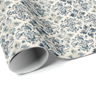 Vintage blaue Blumenkachel-Verpackungspapier, Cott Geschenkpapier
