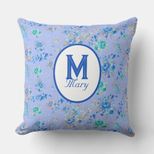 Vintage Blaue Blumige Monogramm Kissen