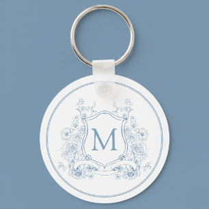 Vintage Blaue Blumige Monogramm Schlüsselanhänger