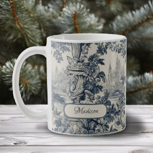 Vintage Blaue Blumige Toile de Jouy Monogramm Kaffeetasse