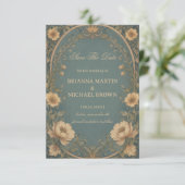 Vintage Blaue Botanik Save The Date (Stehend Vorderseite)