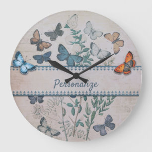 Vintage Blaue Butterfly-Muster Personalisiert Große Wanduhr