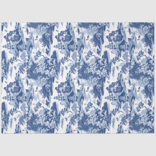 Vintage blaue Chinoiserie China Gebäude Seidenpapier (Vorderseite)