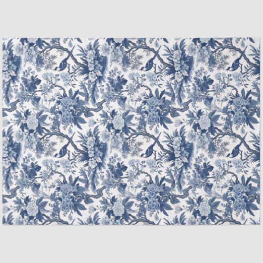 Vintage Blaue Chinoiserie China Vögel Blume Seidenpapier (Vorderseite)