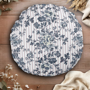 Vintage Blaue Chintz- und Pinstreifenmuster Rundes Kissen