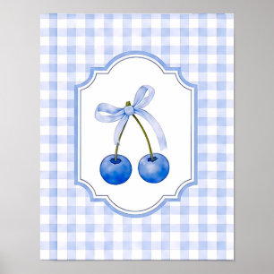 Vintage Blaue Cottagecore Blaubeeren Gingham Poster
