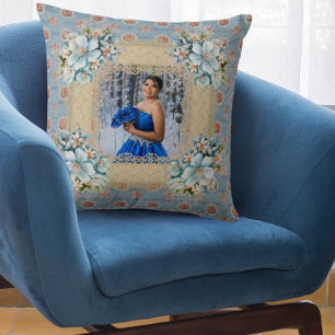 Vintage Blaue Damast-Quinceañera-Erinnerung Kissen