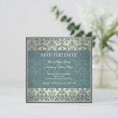 Vintage blaue Damastasenkarte Save the Date (Stehend Vorderseite)