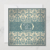 Vintage blaue Damastasenkarte Save the Date (Rückseite)