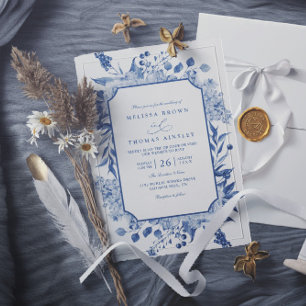 Vintage blaue elegante moderne Blumen-Hochzeit mit Einladung