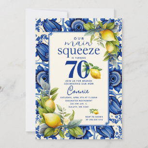 Vintage Blaue Fliese Gelbe Zitrone 70. Geburtstag Einladung