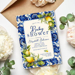 Vintage Blaue Fliesen Gelbe Zitronen Baby Shower Einladung