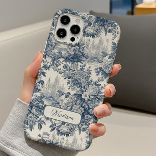 Vintage Blaue Französische Floral Toile Monogramm iPhone 16 Hülle