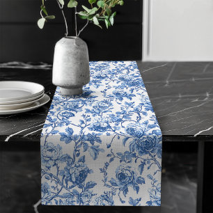 Vintage blaue französische Toile Rosen Blumen Tisc Großer Tischläufer