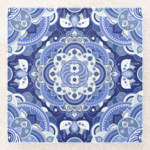 Vintage blaue geometrische, indische Dekoration. Glasuntersetzer