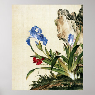 Vintage Blaue Iris und Gelehrtenfelsen-Kunstprint Poster