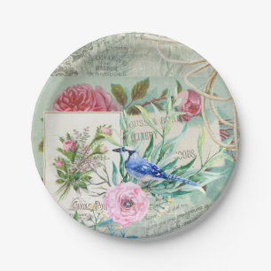 Vintage blaue Jay-Vogel-Rosa-Rosen-Blumencollage Pappteller