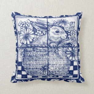 Vintage Blaue Kaninchen-Blumen Dedham Delft Cottag Kissen