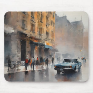 Vintage Blaue Karosse in nebelhafter Stadtlandscha Mousepad
