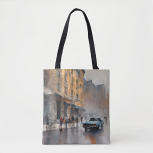 Vintage Blaue Karosse in nebliger Stadtlandschaft Tasche