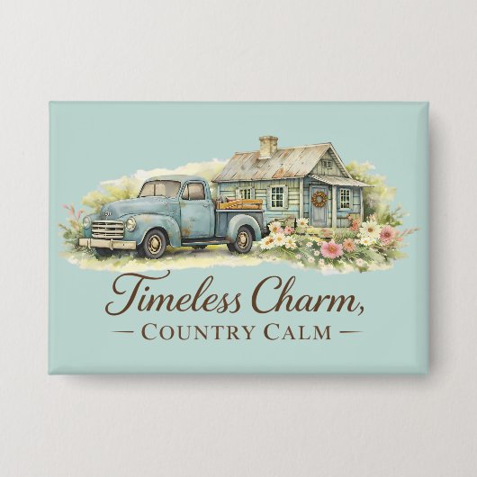 Vintage Blaue Lastwagen Hütte Wildblumen Friedlich Button (Vorderseite)