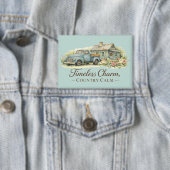 Vintage Blaue Lastwagen Hütte Wildblumen Friedlich Button (Insitu)