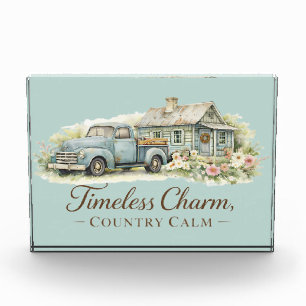 Vintage Blaue Lastwagen Hütte Wildblumen Friedlich Fotoblock