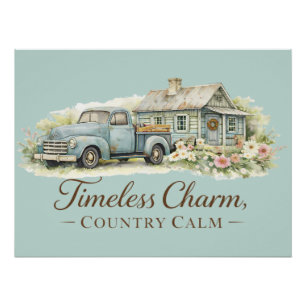 Vintage Blaue Lastwagen Hütte Wildblumen Friedlich Poster