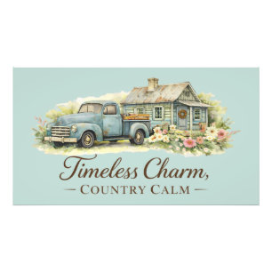 Vintage Blaue Lastwagen Hütte Wildblumen Ruhe Fotodruck