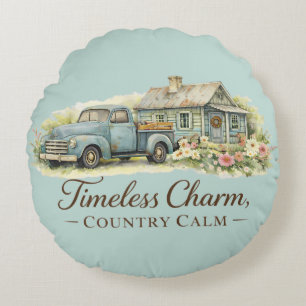 Vintage Blaue Lastwagen-Hütte Wildblumen Ruhe Rundes Kissen