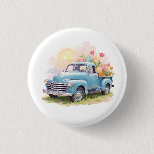 Vintage Blaue Lastwagen mit Ostereiern & Tulpen Button (Vorderseite)