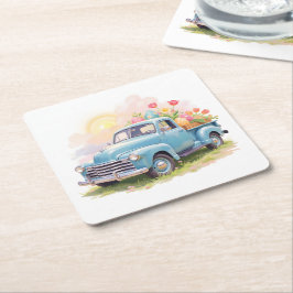 Vintage Blaue Lastwagen mit Ostereiern & Tulpen Rechteckiger Pappuntersetzer