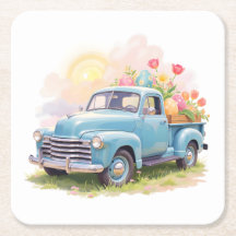 Vintage Blaue Lastwagen mit Ostereiern & Tulpen