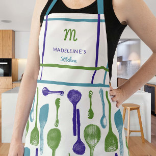 Vintage blaue lila Küchenlöffel Monogramm-Geschenk Schürze