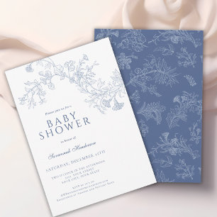 Vintage Blaue Linienzeichnung Florales Babyshower Einladung
