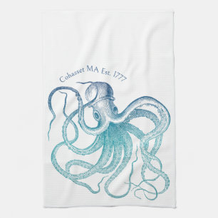 Vintage Blaue Meer-Oktopus Geschirrtuch