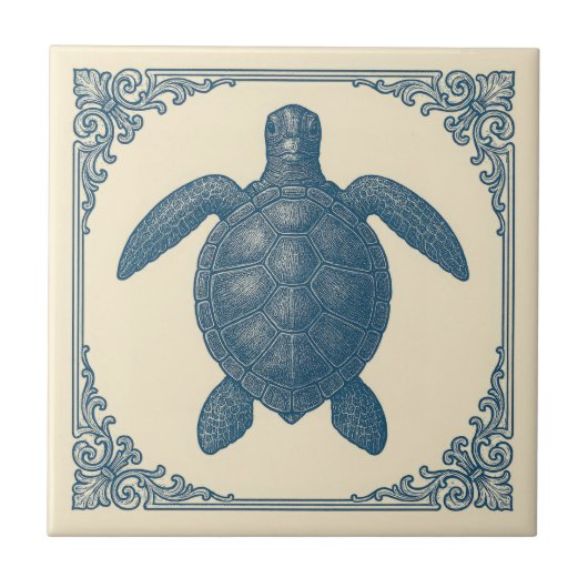 Vintage blaue Meeresschildkröte Fliese (Vorderseite)