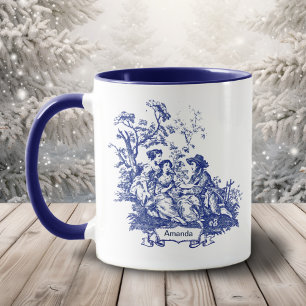 Vintage Blaue Monogramm-Toile De Jouy Französische Tasse