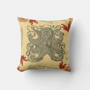 Vintage Blaue Oktopus-Nautische Illustration Kissen