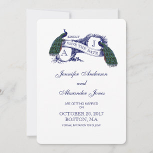 Vintage Blaue Pfau-Save-the-Date-Karte Save The Date