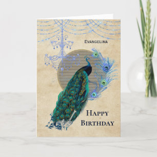 Vintage Blaue Pfauenfedern Kronleuchter Geburtstag Karte