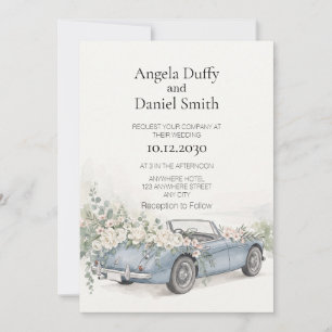 Vintage Blaue Roadster-Aquarell-Blumen Einladung