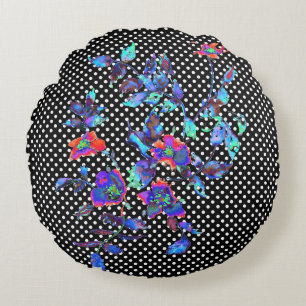 Vintage blaue Rose schwarz-weiße Polka-Punkte Rundes Kissen