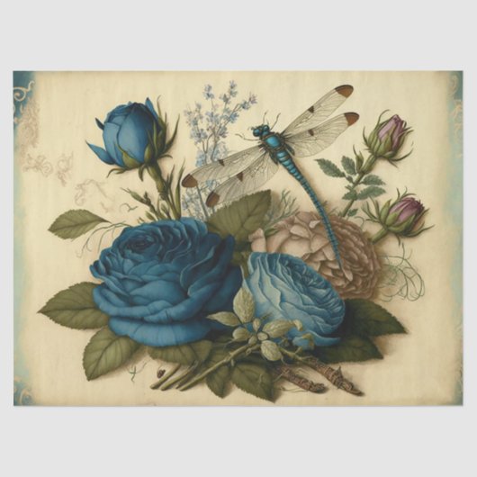 Vintage blaue Rose und Dragonfly-Dekoupage Seidenpapier (Vorderseite)