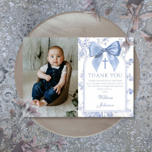 Vintage Blaue Schleife Florales Jungen-Tauf-Foto Dankeskarte