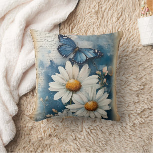 Vintage Blaue Schmetterlinge und Gänseblümchen F Kissen